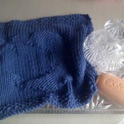 100% Cotton Wash Cloth or Dish Cloth - Mid Blue with Moon and Star - Knitted in Scotland