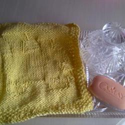 Cotton Soft Wash Cloth in Lemon with a train - Ideal for Baby or Childs Bathtime - Knitted in Scotland